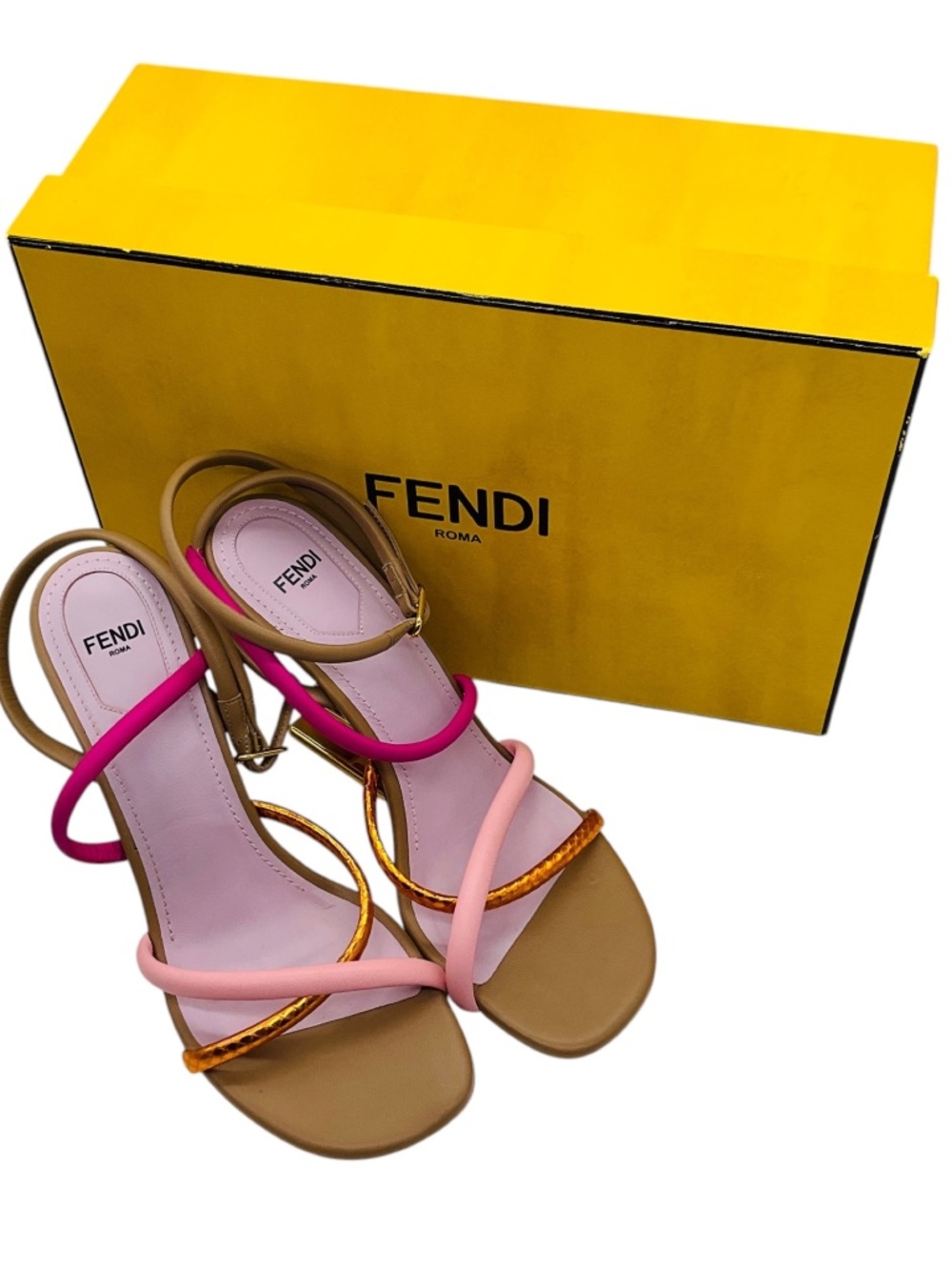 FENDI PINK / TAN MULTI FIRST F COLORBLOCK STRAPPY NAPA ARCHITECTURAL HEEL SANDAL - Picture 8 of 8